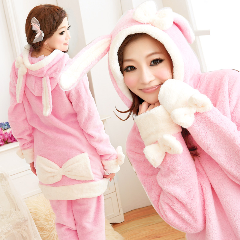 2012 autumn and winter long-sleeve coral fleece sleep set thickening women's lounge twinset rabbit