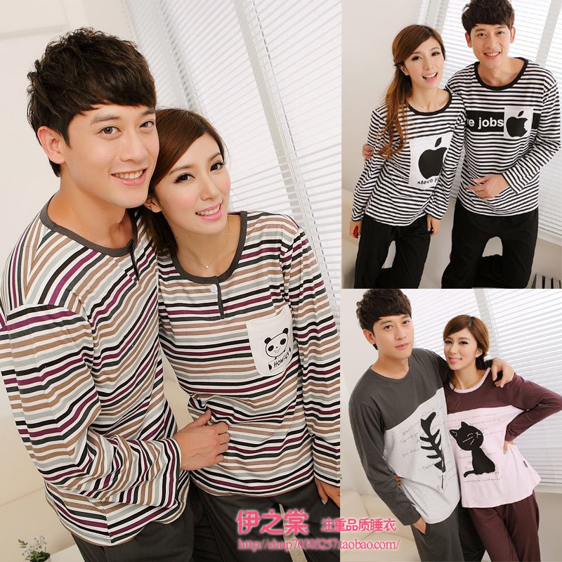 2012 autumn and winter long-sleeve pure cotton lovers sleepwear male women's cartoon lounge set