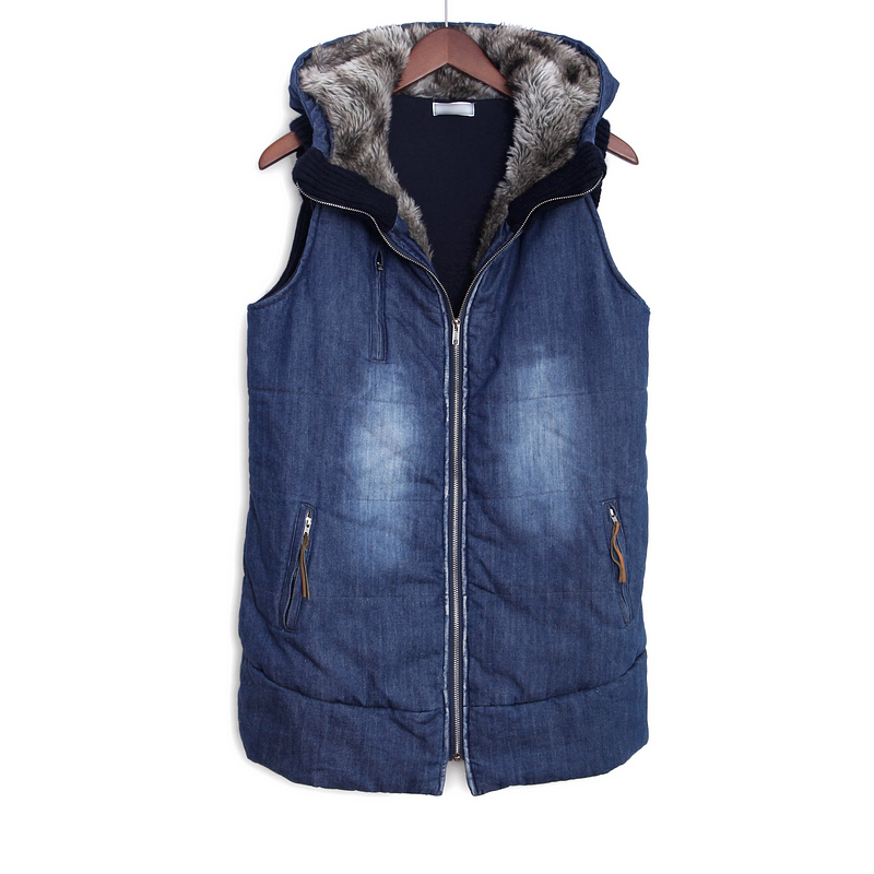 2012 autumn and winter loose long design caps plus cotton thickening zipper casual denim female vest wadded jacket cotton-padded