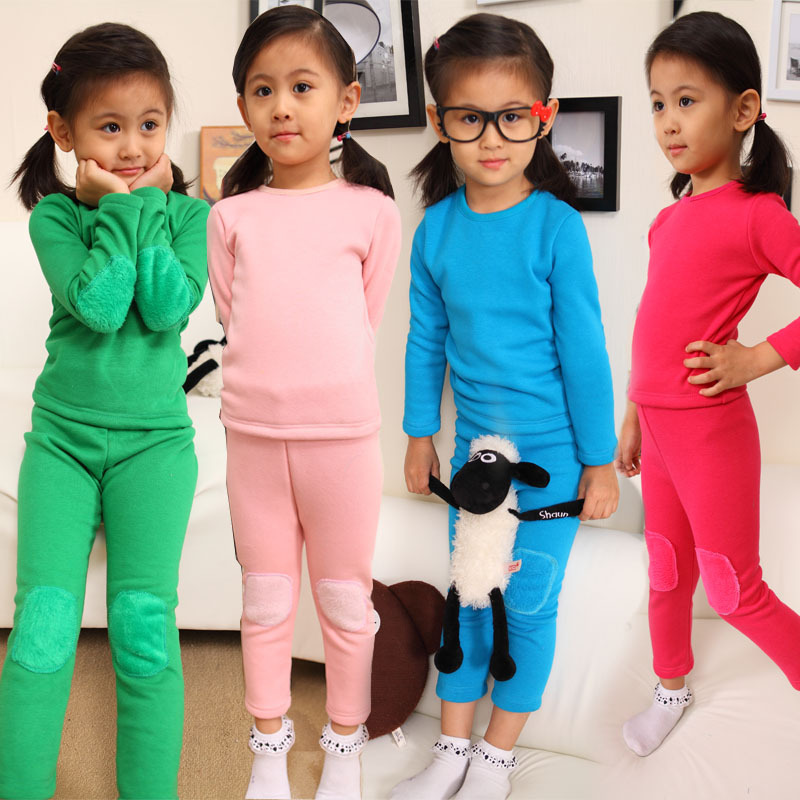 2012 autumn and winter male child girls clothing baby o-neck plus velvet thickening thermal underwear set qf40115