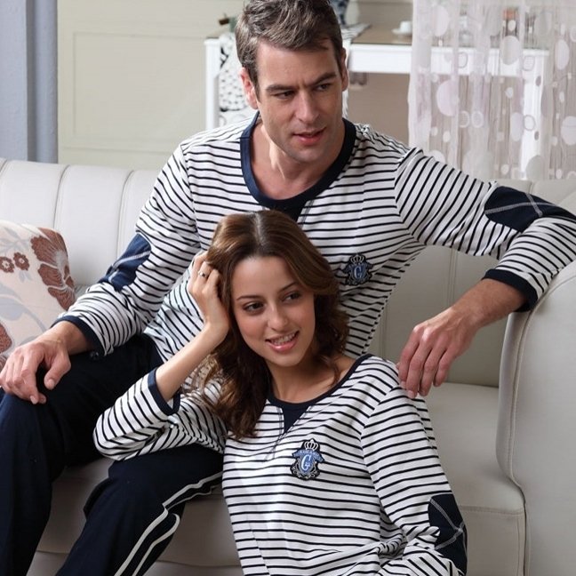 2012 autumn and winter male women's long-sleeve 100% cotton sleepwear stripe lovers sleepwear lounge set