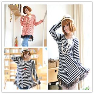 2012 autumn and winter maternity clothing fashion stripe lace medium-long maternity top basic shirt long-sleeve Free Shipping