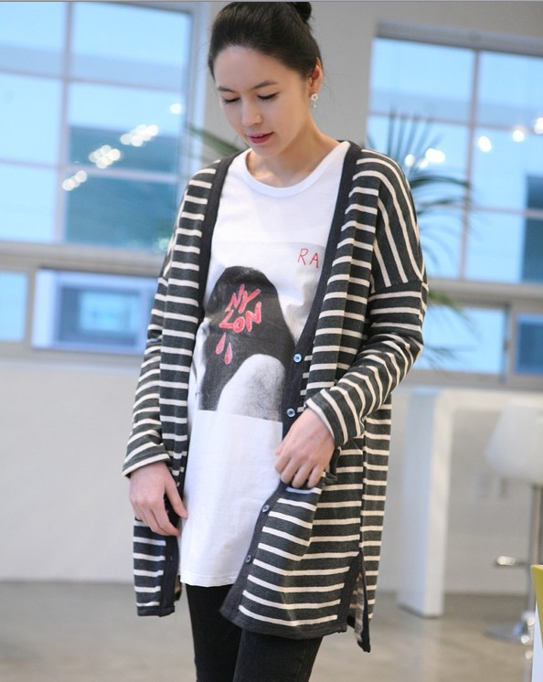 2012 autumn and winter maternity clothing top stripe maternity long-sleeve outerwear loose plus size