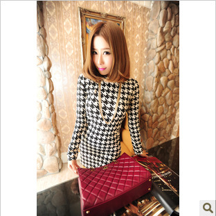 2012 autumn and winter new arrival all-match houndstooth basic one-piece long sleeve dress,white and blue dress,free shipping