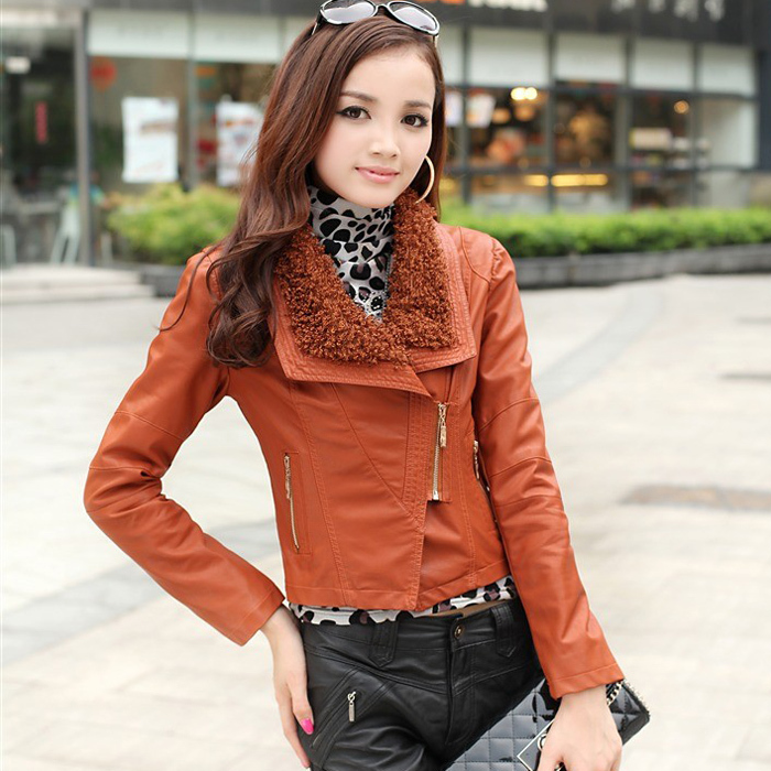 2012 autumn and winter new arrival fur collar ultra-short paragraph slim women's PU small leather clothing motorcycle jacket