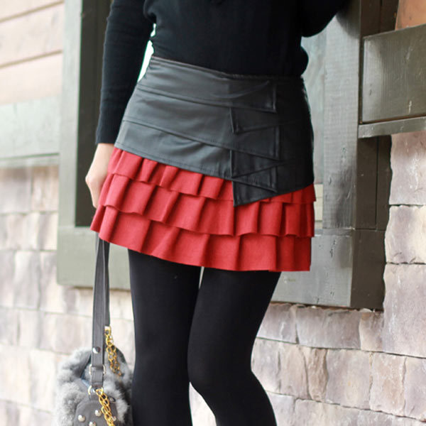 2012 autumn and winter new arrival leather skirt woolen short skirt layered dress basic winter skirt short skirt winter dress