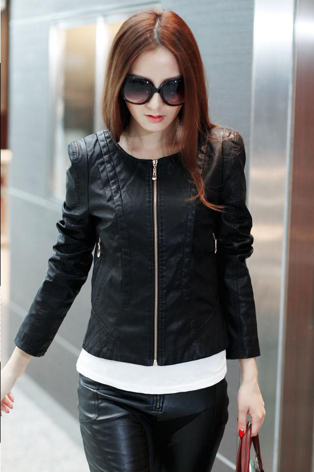 2012 autumn and winter new arrival outerwear PU jacket short design slim water wash o-neck women's leather clothing