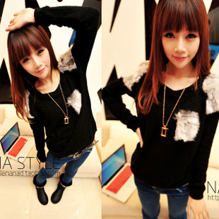 2012 autumn and winter new arrival Women faux patchwork black long-sleeve o-neck pullover fashion female sweater.