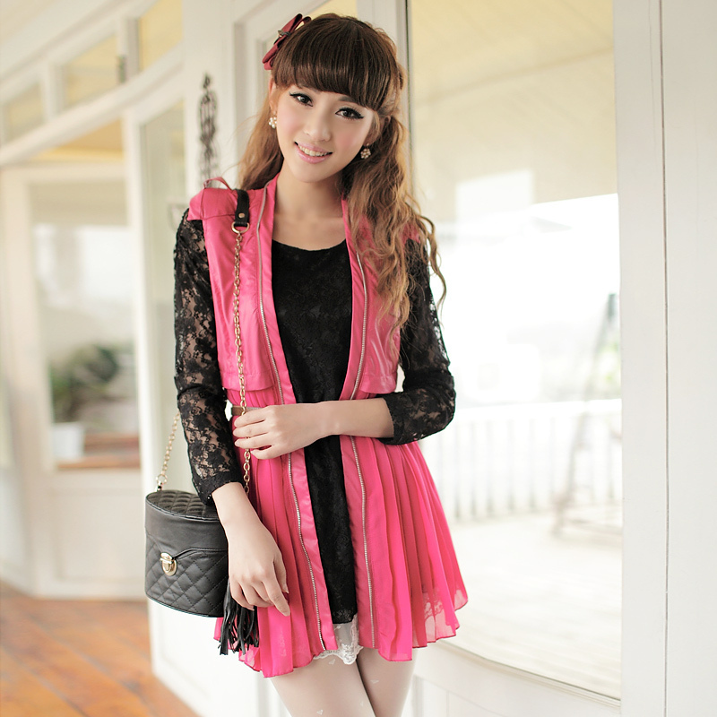 2012 autumn and winter new arrival women's pleated chiffon sweep leather vest cardigan