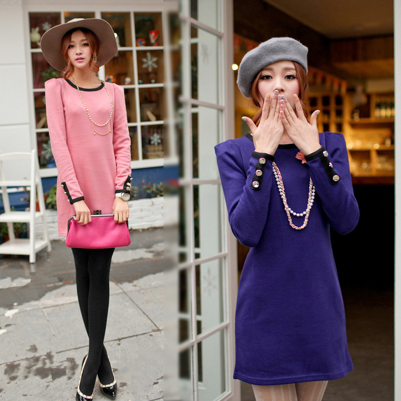 2012 autumn and winter one-piece dress ol slim woolen patchwork leather skirt fashion all-match long-sleeve dress