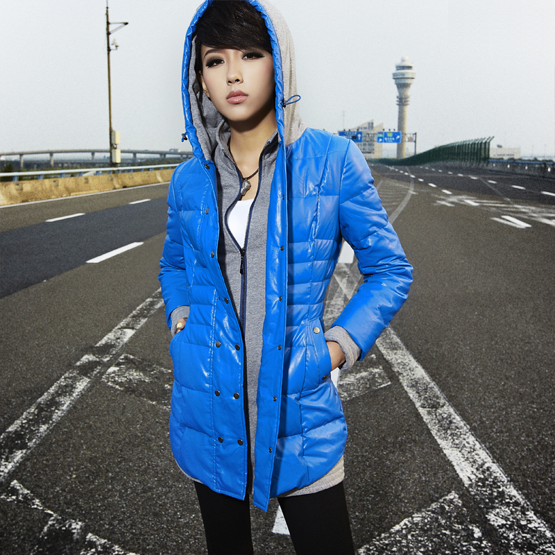 2012 autumn and winter outerwear chromophous women's small leather clothing female long design slim PU down coat 21y4231