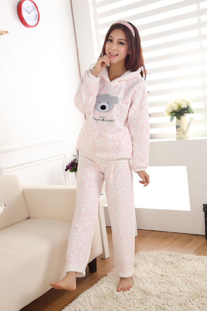 2012 autumn and winter pink Bear Cartoon pajamas for women / coral velvet woman  pajamas  home clothes 1pc