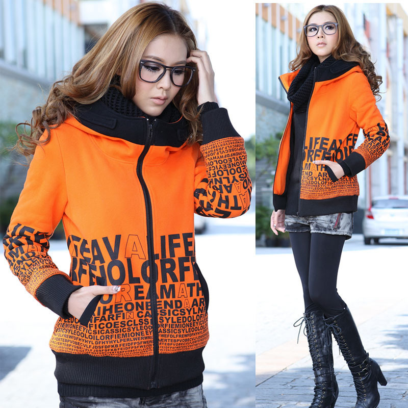 2012 autumn and winter plus size clothing thickening sweatshirt letter hooded plus velvet wadded jacket outerwear 3008