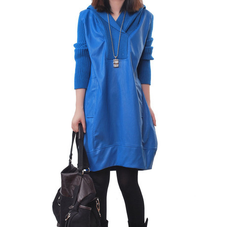 2012 autumn and winter plus size loose with a hood knitted PU patchwork long design one-piece dress leather skirt female