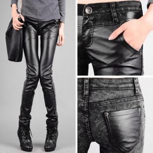 2012 Autumn and winter plus size tights female trousers patchwork leather pants elastic skinny pants pencil pants boot cut jeans