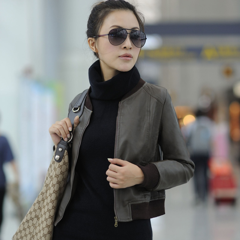 2012 autumn and winter PU simple fashion stand collar jacket coat women's rib knitting leather clothing Women