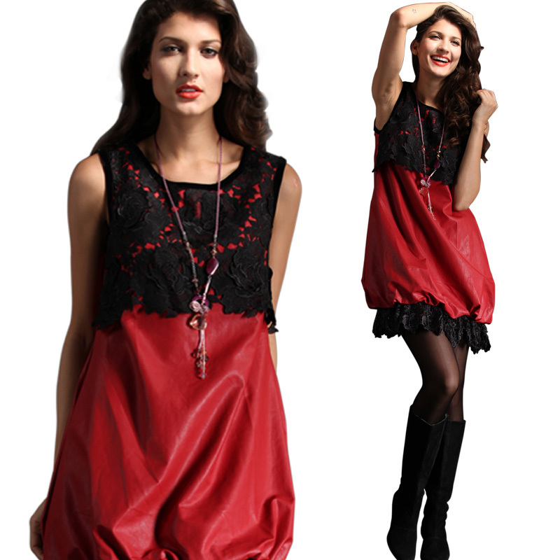 2012 autumn and winter PU tank dress leather skirt loose plus size lace patchwork PU one-piece dress