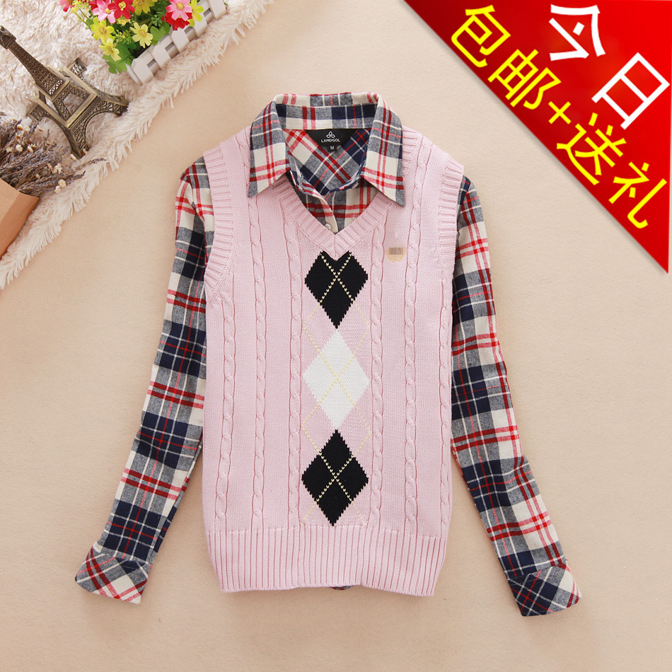 2012 autumn and winter pullover fashion preppy style female V-neck plaid small sweater vest wool waistcoat