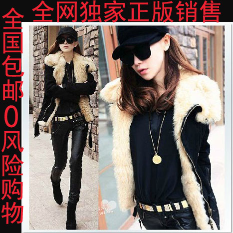 2012 autumn and winter pure wool collar fur outerwear canvas motorcycle leather wadded jacket fur coat female