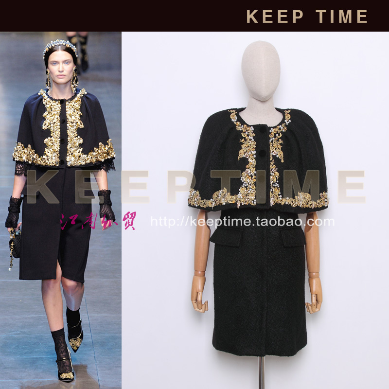 2012 autumn and winter set fashion nobility elegant gold embroidery beaded cape thickening woolen one-piece dress twinset