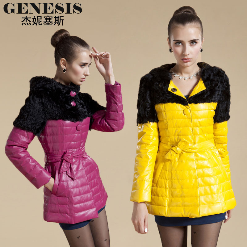 2012 autumn and winter sheepskin genuine leather wool tie cap women's medium-long leather down coat overcoat outerwear