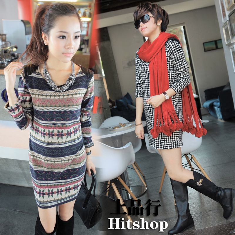 2012 autumn and winter slim all-match leather epaulette knitted houndstooth one-piece dress