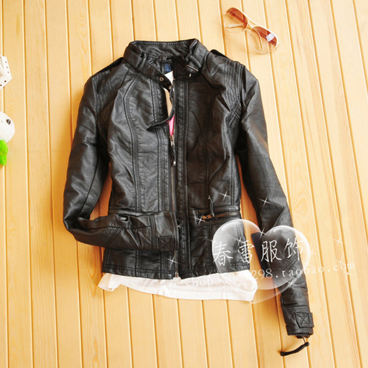 2012 autumn and winter slim water washed leather clothing PU clothing female short design slim outerwear black leather clothing