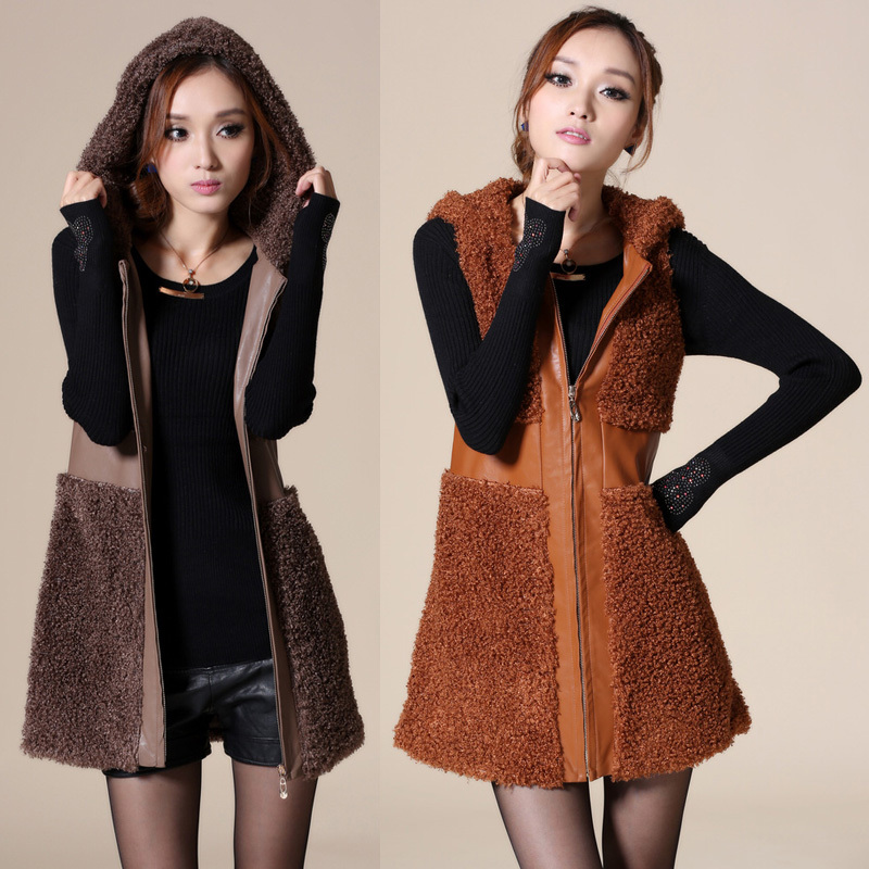 2012 autumn and winter slim women's fashion cotton vest female with a hood long design PU leather vest female