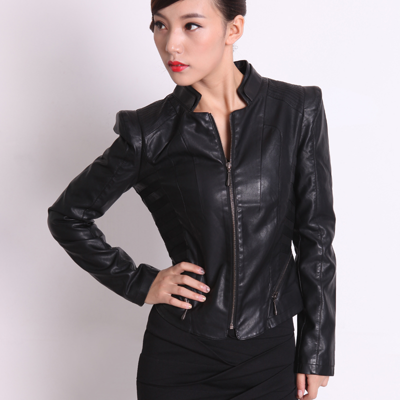 2012 autumn and winter small leather clothing women's V-neck short design slim patchwork PU leather jacket outerwear