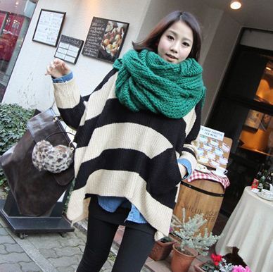 2012 autumn and winter stripe color block decoration sweater pullover big pocket loose oversized sweater outerwear