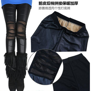 2012 autumn and winter thermal paragraph faux leather cotton pleated gauze patchwork slim thickening legging