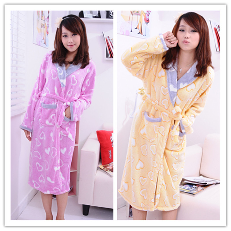 2012 autumn and winter thickening coral fleece robe sleepwear heart women's nightgown thermal 100% cotton robe set