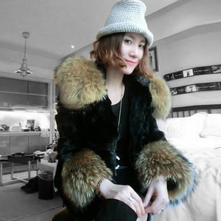 2012 autumn and winter top faux raccoon fur patchwork with a hood outerwear female