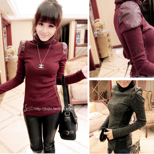 2012 autumn and winter turtleneck heap turtleneck slim lace patchwork leather basic T-shirt long-sleeve shirt