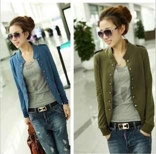 2012 autumn and winter w322 women's solid color stand collar epaulette double breasted short jacket