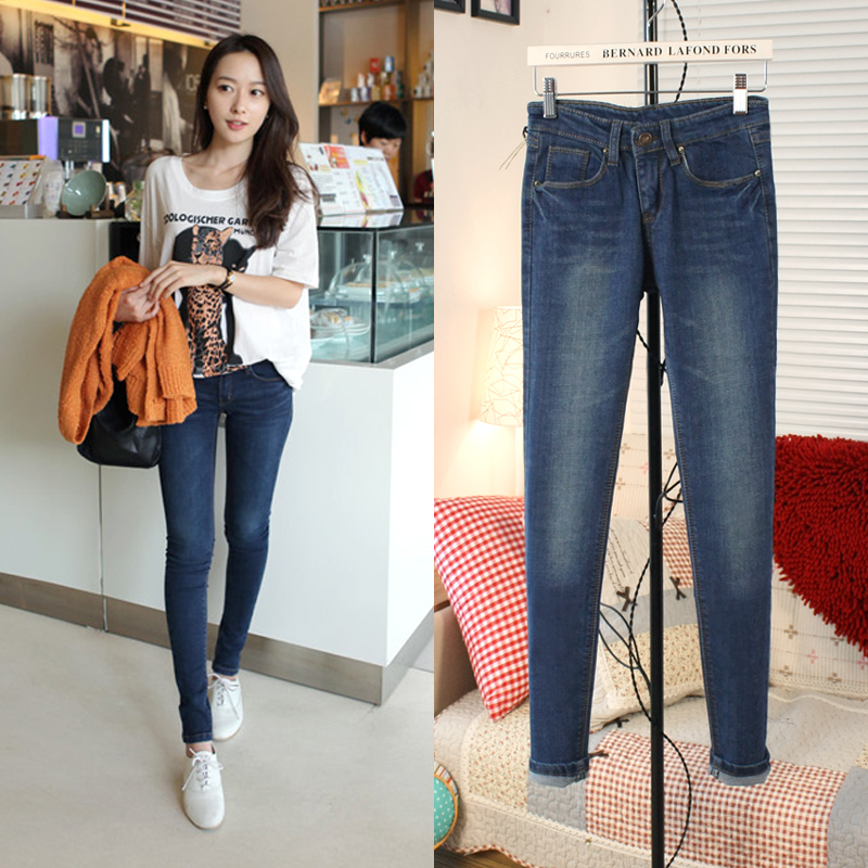 2012 autumn and winter wearing white Dark Blue slim skinny jeans pencil pants female elastic