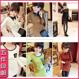 2012 autumn and winter women add velvet faux leather pocket skeleton peter pan collar long-sleeve basic 451 one-piece dress