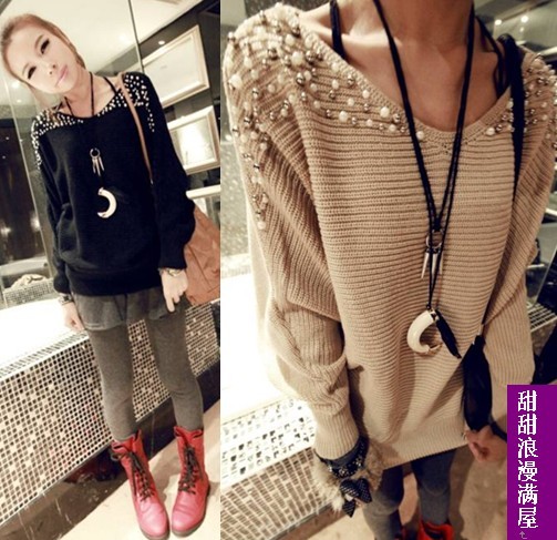 2012 autumn and winter women b9089 pearl batwing sleeve o-neck sweater outerwear