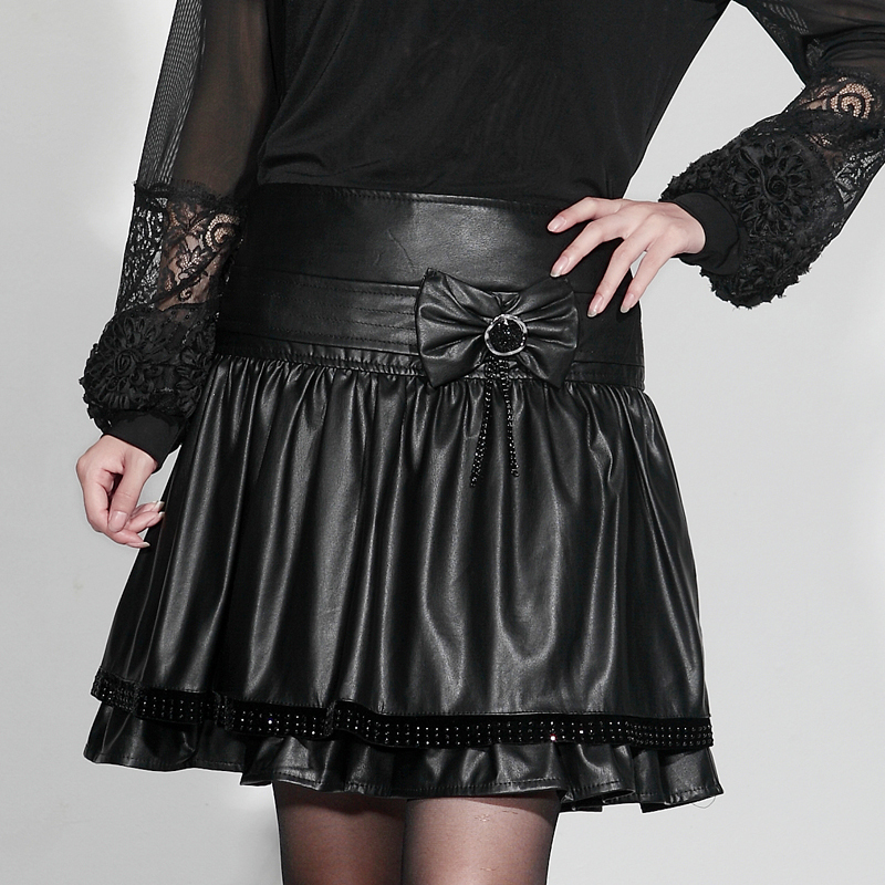 2012 autumn and winter women black bow diamond PU skirt a-line skirt layered dress short skirt Leather