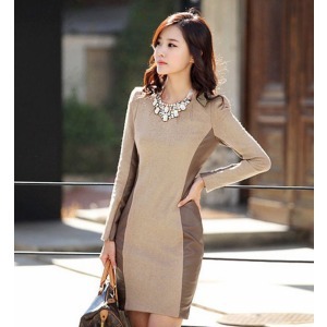 2012 autumn and winter women cashmere woolen thick basic slim patchwork leather skirt black long-sleeve dress