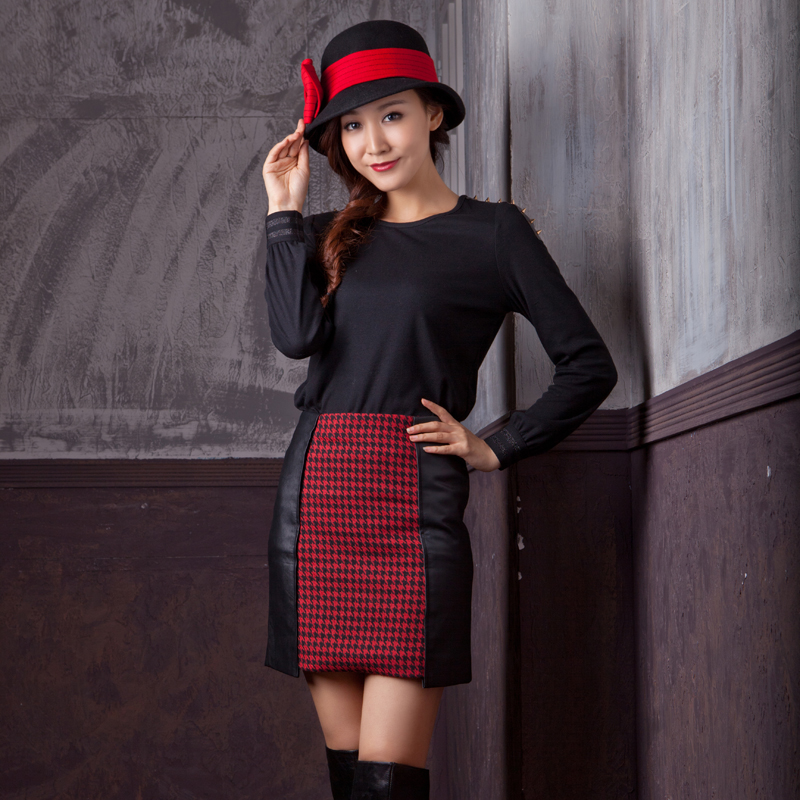 2012 autumn and winter women exquisite leather houndstooth high waist irregular sweep bust skirt