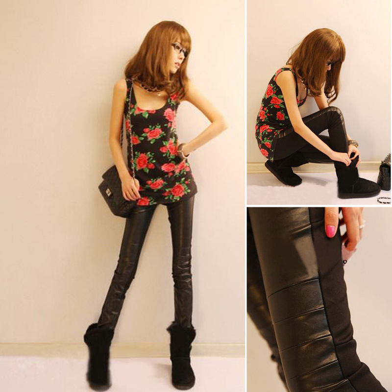 2012 autumn and winter women fashion thick patchwork skin tight thermal patchwork leather pants legging