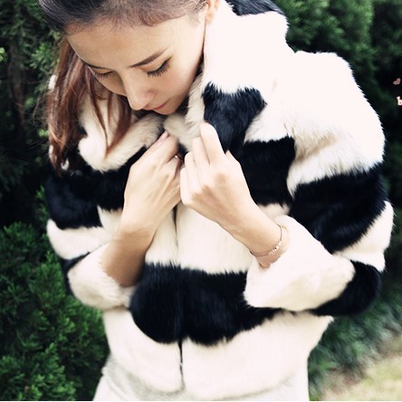 2012 autumn and winter women faux black and white stripe thermal with a hood fur coat