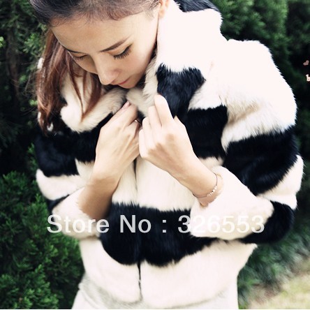 2012 autumn and winter women faux black and white stripe thermal with a hood fur coat free shipping