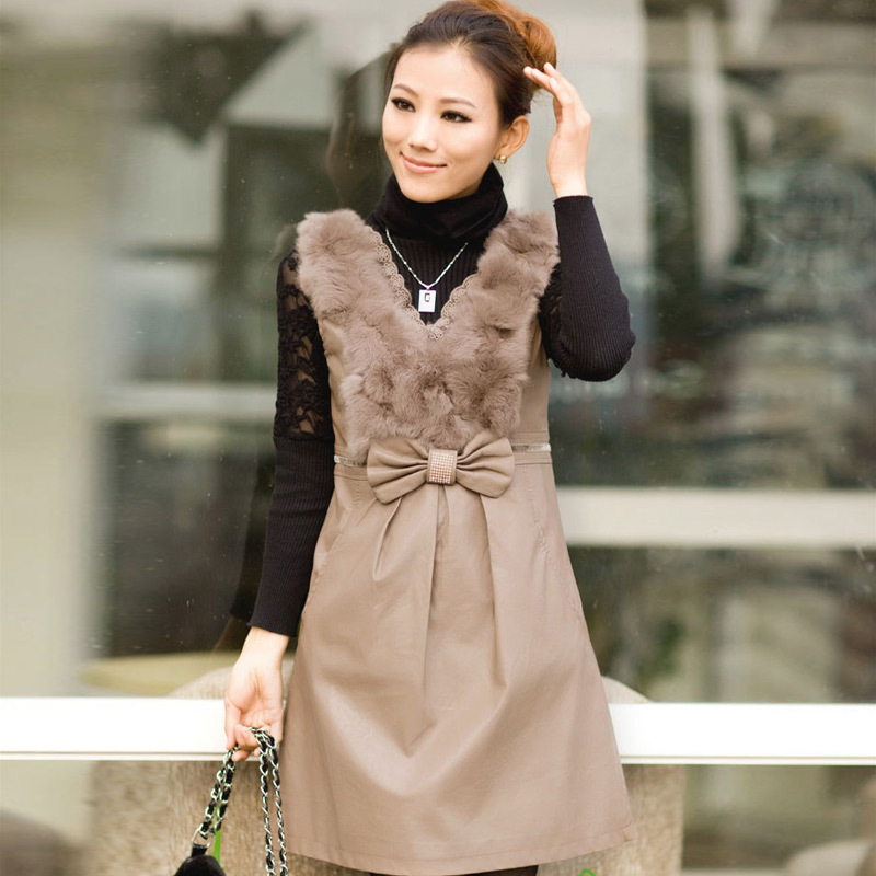 2012 autumn and winter women fur basic skirt slim one-piece dress tank dress leather skirt winter dress