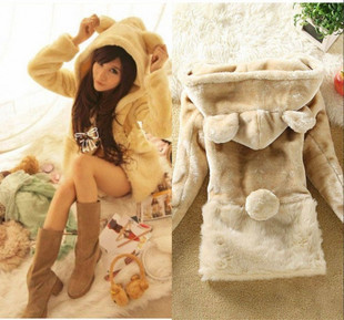 2012 autumn and winter women lovely overcoat ear horn plush fleece outerwear medium-long