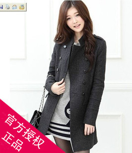 2012 autumn and winter women medium-long slim stand collar double breasted wool coat trench outerwear/black / grey/ 6size