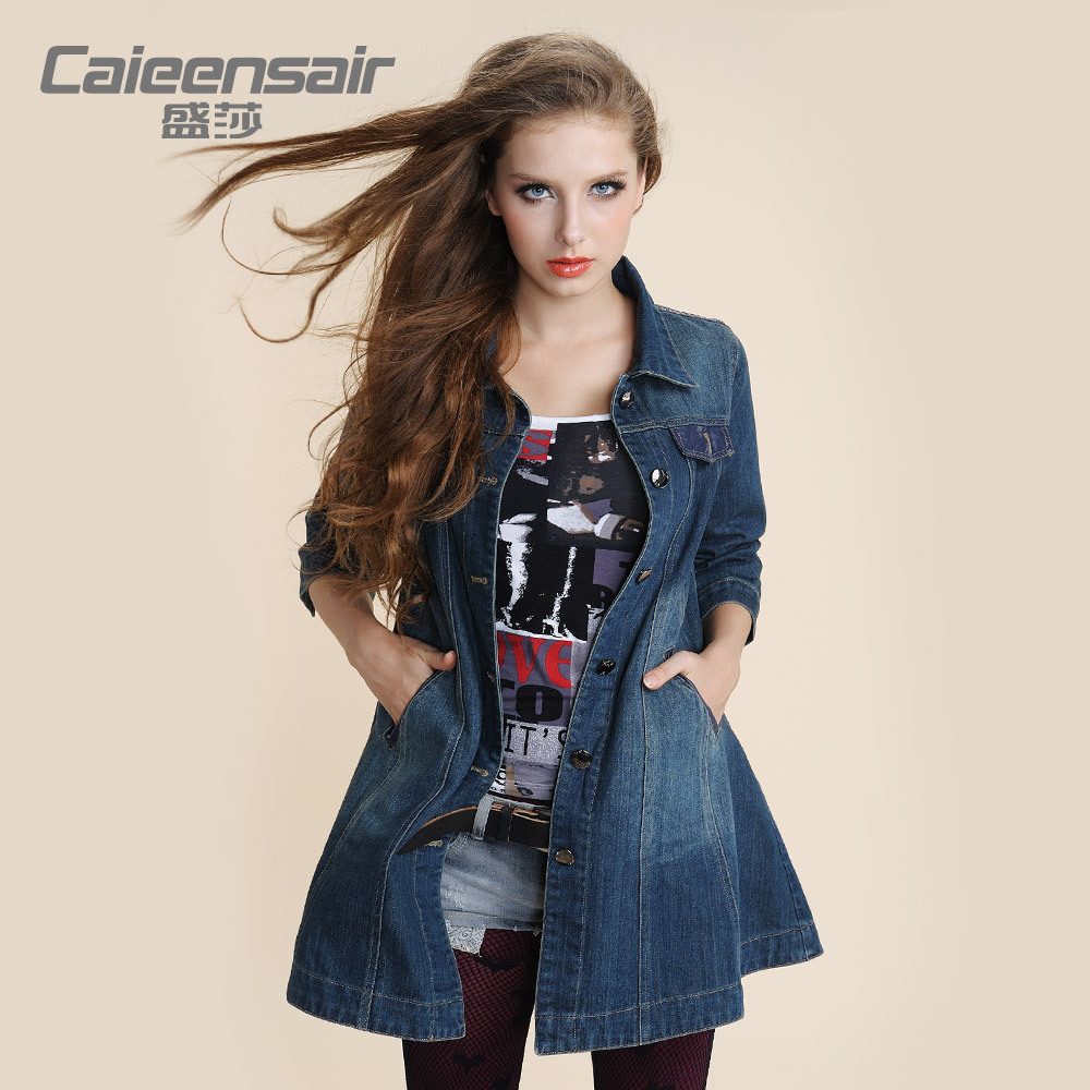 2012 autumn and winter women new arrival denim trench outerwear fashion vintage patchwork denim trench long design