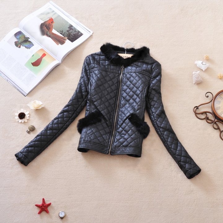 2012 autumn and winter women outerwear rabbit fur fashion o-neck slim PU water washed leather cotton-padded small leather