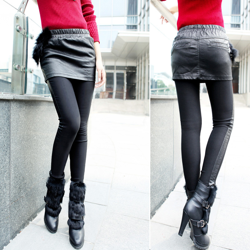 2012 autumn and winter women plus size casual boot cut jeans leather pants short skirt one piece faux two piece slim hip